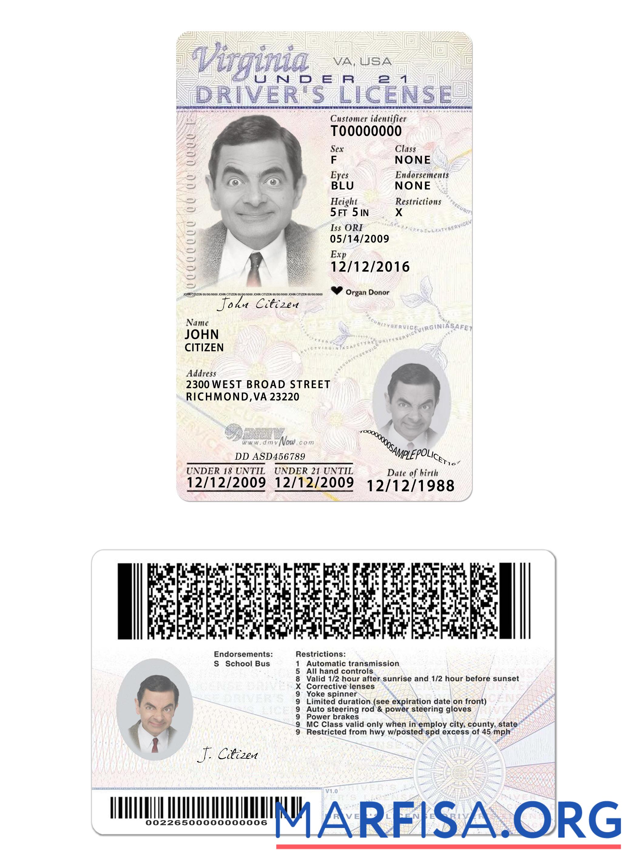 Downloadable USA Virginia driving license under 21 2009 present real example